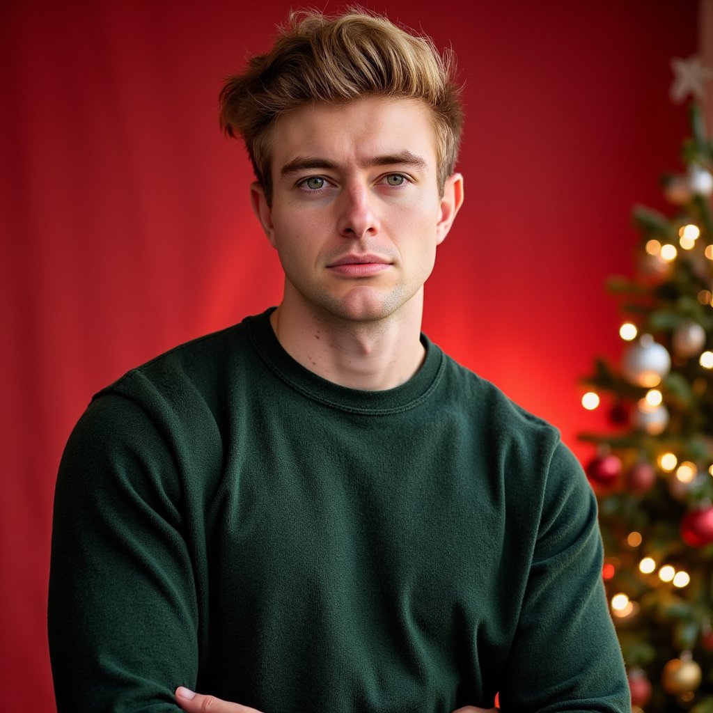 Headshot of a man in a modern photo studio with a matte red backdrop providing a bold Christmas theme. He faces the camera straight-on, expression confident but soft. He wears a dark forest-green cashmere crewneck, ribbed collar visible in detail.
Hair: short fade with neatly styled top; light stubble.
Lighting: classic studio beauty lighting — large softbox frontal key plus gentle kicker from camera-left; even skin illumination, soft shadows.
Background: smooth seamless red, no clutter; subtle gradient from light falloff.
Camera: 85mm f/2.2; highly detailed, highly realistic, HDR, showing crisp knit detail and natural skin texture.