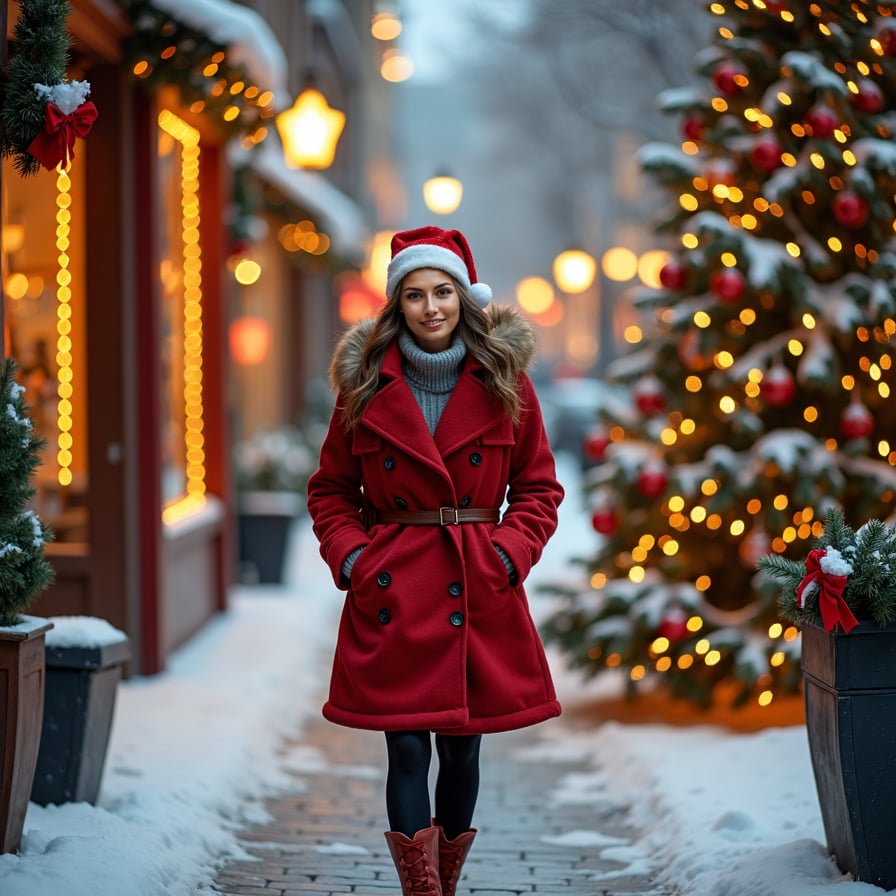 woman wrapped in a warm, festive coat and boots, walking down a snow-covered street lined with twinkling Christmas lights and decorated storefronts, under a soft, golden evening glow, facing camera with a bright, cheerful smile.