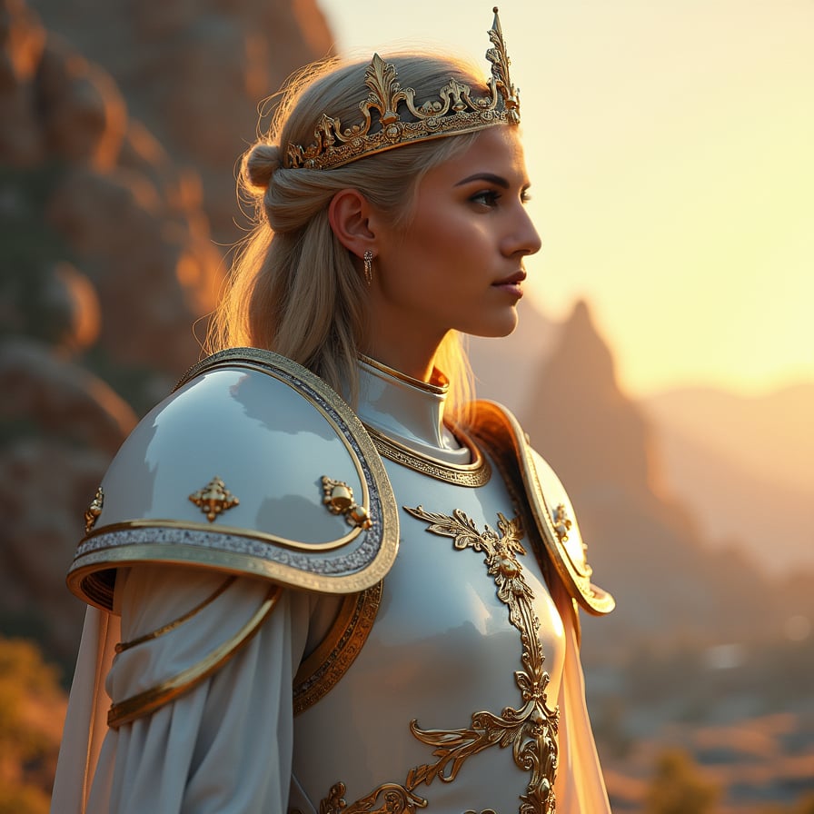 Female paladin, white armor, detailed, magical backdrop.