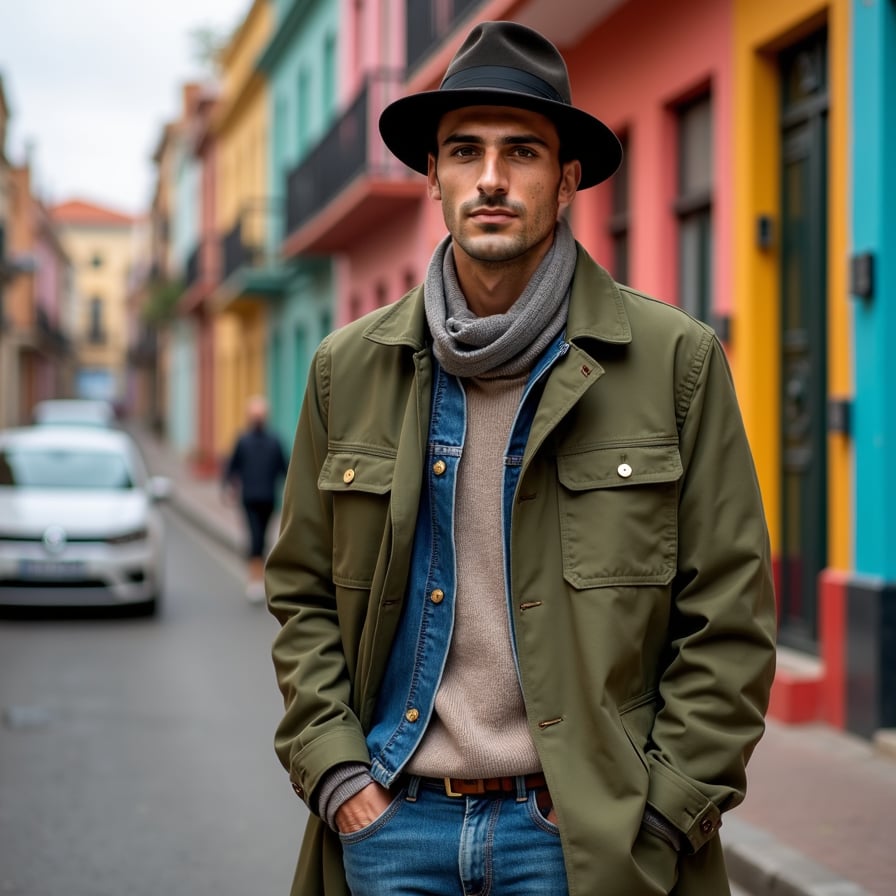 Trendy city dweller, sleek outfit, modern skyscrapers in the background.