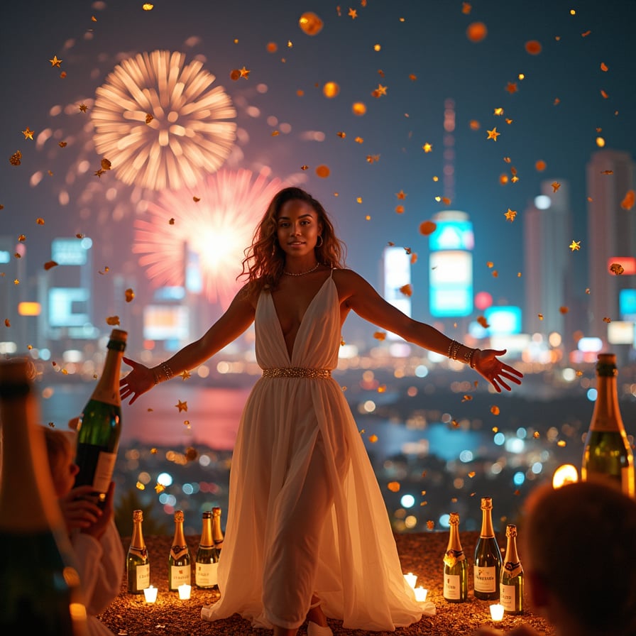 woman in elegant white dress, symbolizing new beginnings, with golden confetti falling around her, standing in front of a vibrant, glowing backdrop of fireworks, arms outstretched, hopeful and joyful expression on her face, holding a small notebook titled 'Goals for the Year Ahead' in her hand, under the magical, celebratory atmosphere of a firework-filled night sky.