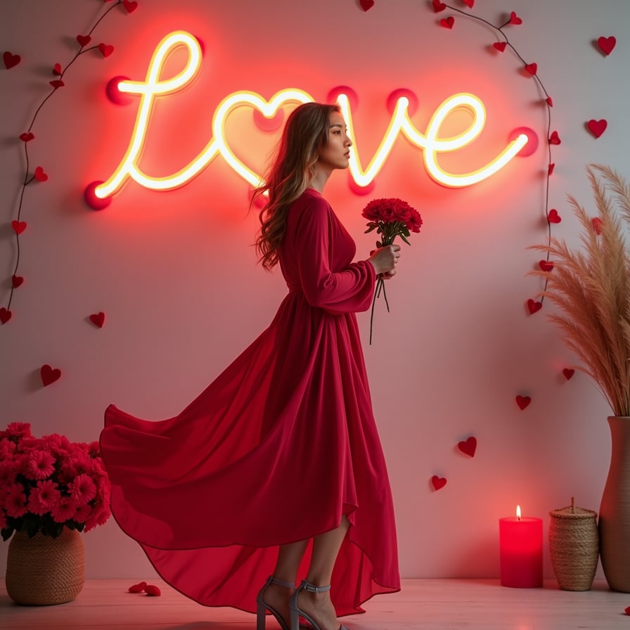 A model wearing a flowing red dress, standing in front of a glowing "Love" neon sign, surrounded by Valentine's Day decor like heart-shaped garlands and candles.