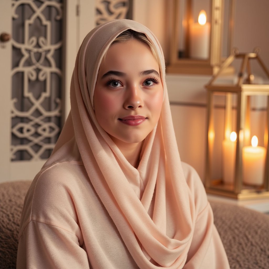 Knee-up portrait of a woman in a flowing abaya with soft pastel hues, subtle smile, surrounded by decorative lanterns in gentle golden light — inspired by Mawlid traditions