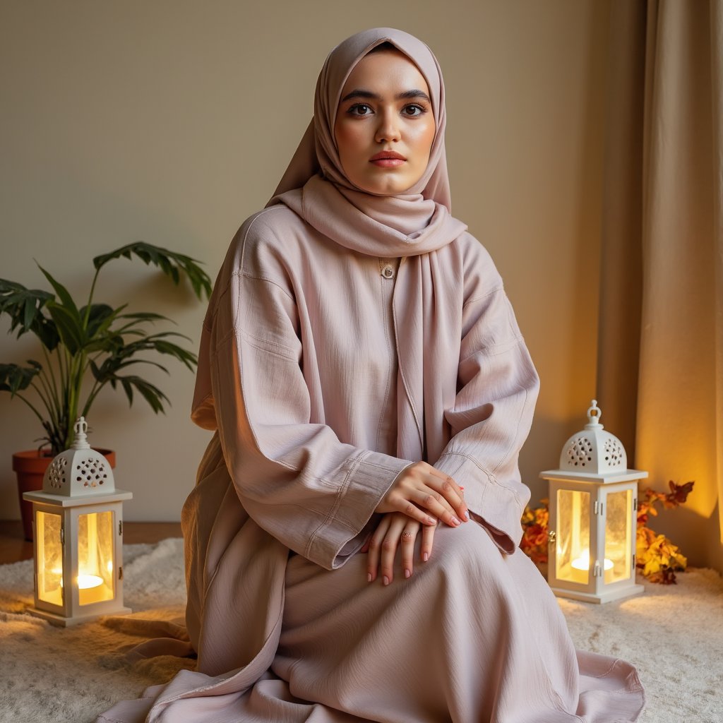 Knee-up portrait of a woman in a flowing abaya with soft pastel hues, subtle smile, surrounded by decorative lanterns in gentle golden light — inspired by Mawlid traditions