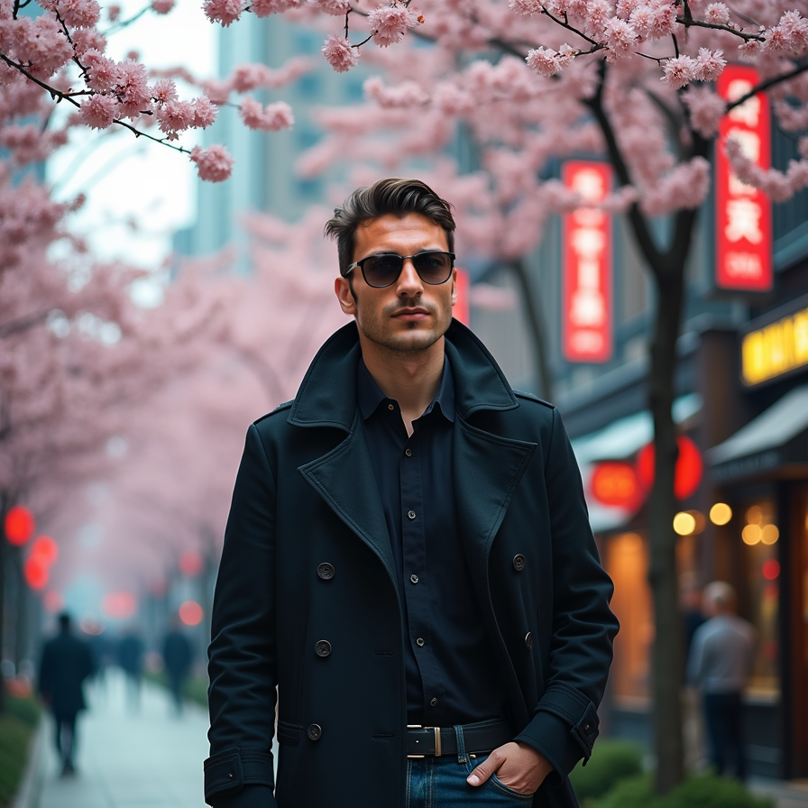 A stylish man in a black trench coat and sunglasses walks through a bustling cit