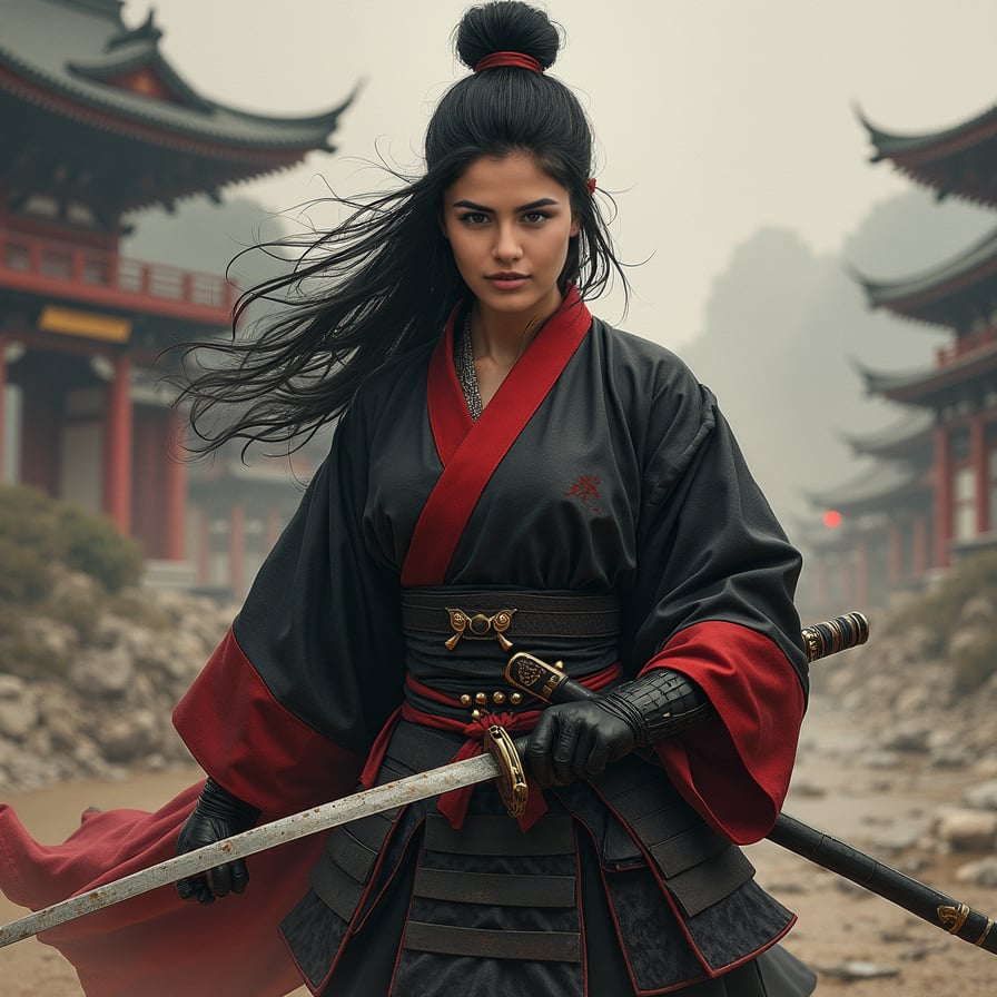 woman in traditional samurai attire, consisting of a hakama and kimono, with a bold, determined expression, sans helmet, posed in a powerful stance, surrounded by a misty, atmospheric background with subtle hints of Japanese architecture.