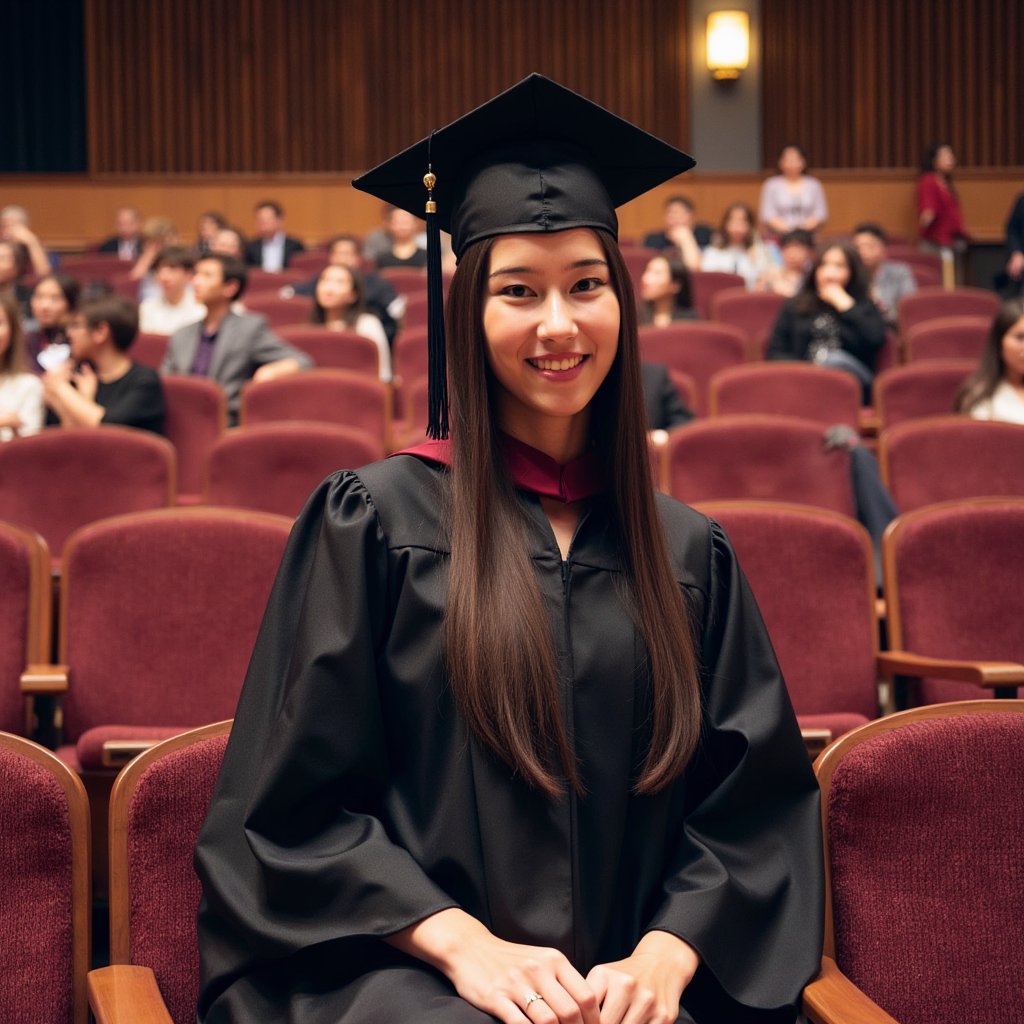 Head-and-shoulders portrait of a woman graduate seated among rows of empty velvet auditorium chairs, turned slightly toward the aisle; wearing a black gown with maroon hood, mortarboard tassel hanging near her cheek; long straight hair tucked neatly behind one ear, calm confident gaze; camera at slight diagonal from aisle level, 70 mm lens, f/1.8; lighting: soft tungsten key light overhead mixed with mild daylight spill from side curtain; background chairs softly patterned blur; visible textures of velvet seat, gown weave, silk hood trim; balanced warm-cool tonality, highly detailed, highly realistic, HDR portrait look.