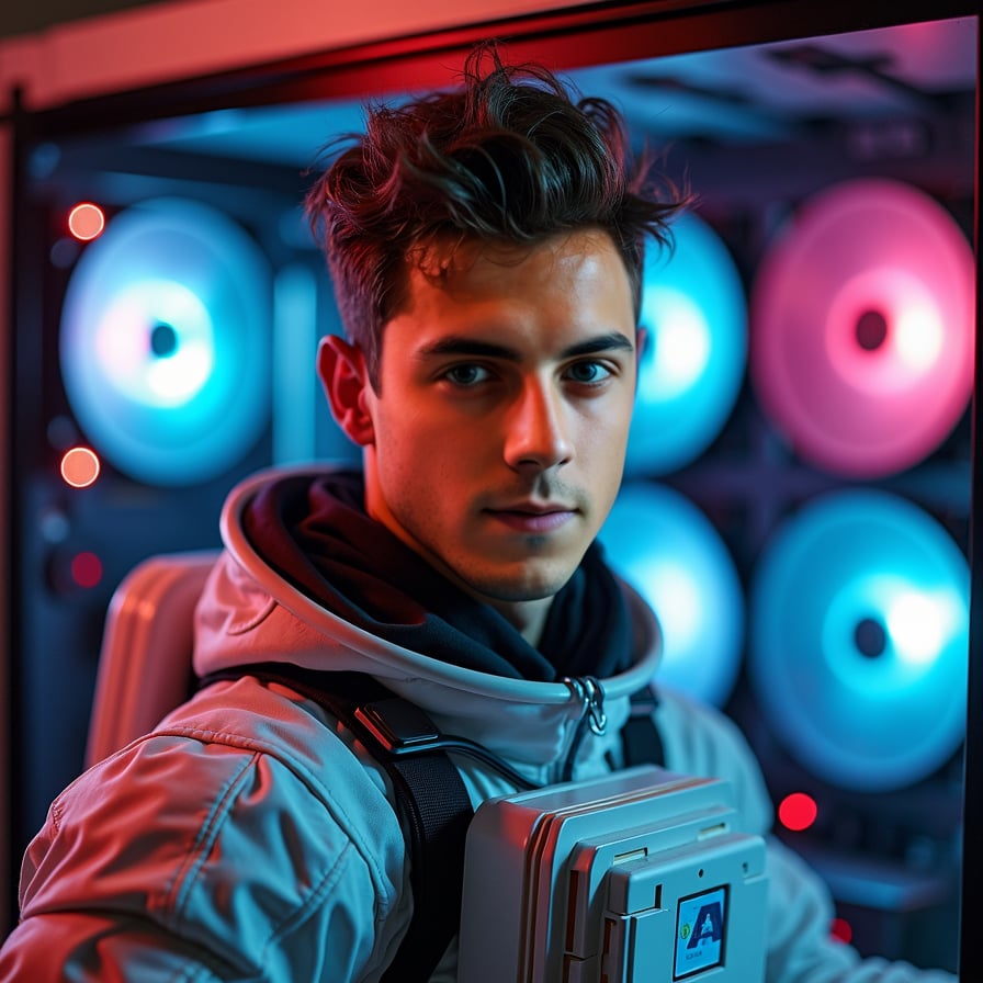 Futuristic spacesuit, cosmic lights, wormhole, otherworldly ambiance.