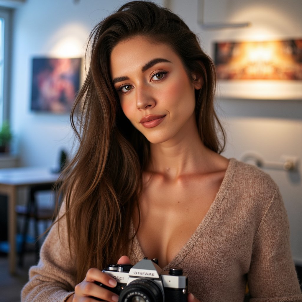 woman in an elegant, contemporary look, photographed in a scene that celebrates visual storytelling and creative expression. A vintage camera is placed as a creative prop. The background is softly blurred with gallery-inspired elements and artistic lighting accents. Studio lighting enhances her facial features with sculpted shadows and soft gradients. Her expression radiates quiet confidence and artistic energy. Hyper-detailed, HDR quality, sharp focus.