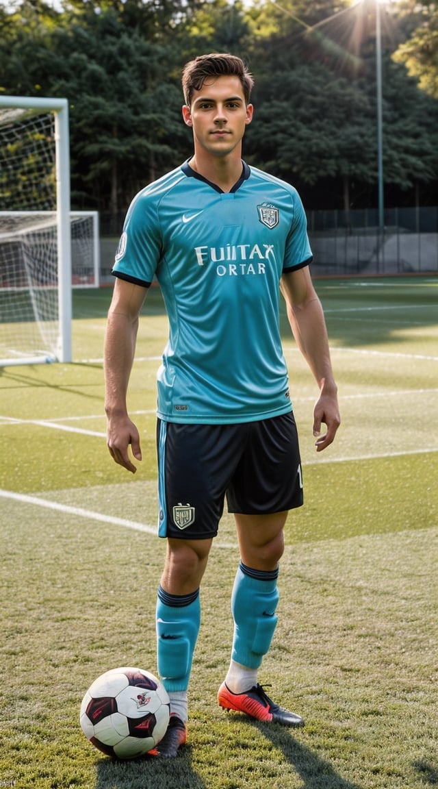 Athletic man in action, soccer jersey, green field, sunlight.