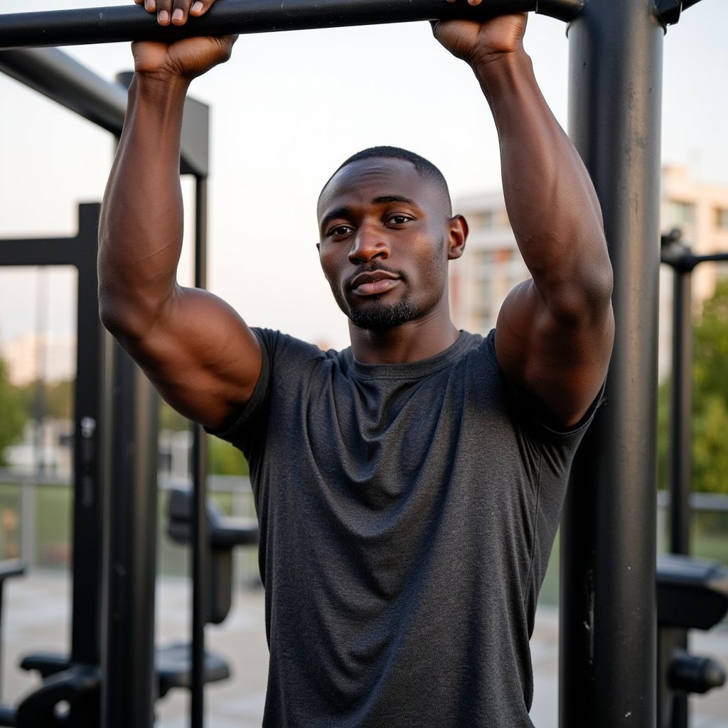 Man at the top of an overhand pull-up on a matte-black bar in a city calisthenics park; short textured crop haircut, light beard, concentrated expression; wearing a charcoal moisture-wicking tee (slight heathered pattern), tapered training joggers, and minimalist trainers; standard overhand grip with chalk residue (no finger interlocking); low angle looking slightly up, 28mm, f/2.8, 1/1000, ISO 200 to freeze motion; late afternoon sun as warm backlight creating rim along shoulders, open sky as cool fill; background of trees and skyline rendered as creamy bokeh, minimal clutter; skin pores, forearm veins, chalk dust, and bar knurling sharply defined; highly detailed, highly realistic, HDR.