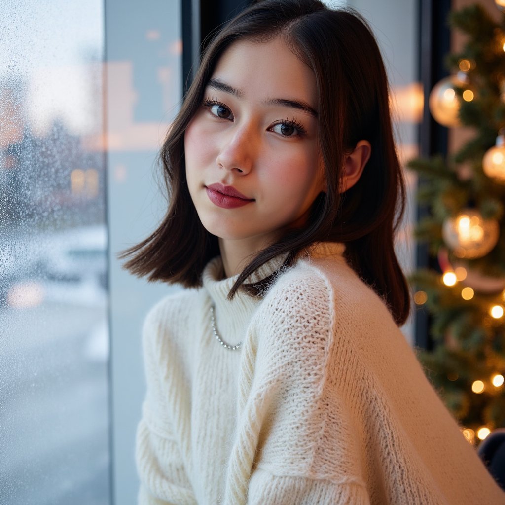 Headshot of a woman sitting beside a snow-frosted window, shoulders slightly angled away, head turned back toward the lens with a gentle soft-smile. She wears a white mohair sweater with fine fuzzy fibers visible and a thin silver chain. Hair: shoulder-length curls, slightly glossy, parted to one side. Makeup: soft berry lips, natural lashes, subtle winter flush on cheeks. Lighting: cool snow-reflected daylight from the window as the key light, with a warm bounce fill from camera-right to give a Christmas glow. Background: cold blue-white window frost with subtle bokeh from outdoor holiday lights; minimal indoor clutter. Camera: 85mm f/1.8, tight frame; highly realistic, highly detailed, HDR, sharp eye reflections and visible fabric texture; still, serene winter mood.