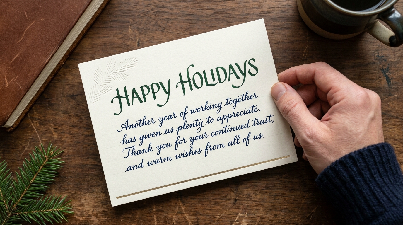 Hand holding a business holiday card that thanks a client for their continued trust