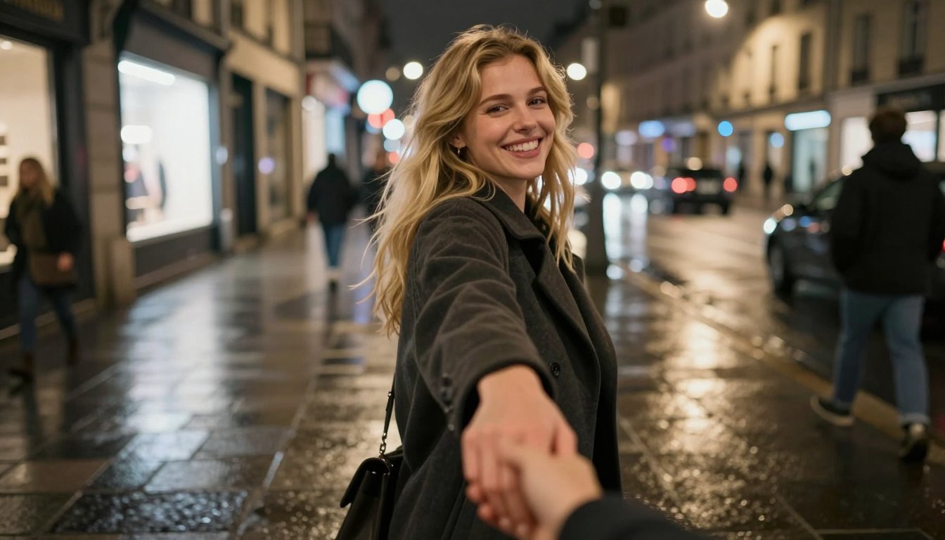 A candid, ultra-realistic nighttime street photo of a young blonde woman smiling excitedly while holding the viewer’s hand and leading them forward.
She is wearing a dark oversized coat and jeans, hair loose and slightly wind-blown.
The camera perspective is first-person, arm extended, hand-holding visible in the foreground.
Scene takes place on a wet European city street at night, with glowing shop lights, street lamps, reflections on the pavement, and soft bokeh from cars and pedestrians in the background.
Natural motion blur, handheld smartphone photo feel, authentic street photography, spontaneous moment, not posed.
Real skin texture, natural lighting, no beauty filters, no studio look.
Shot on a wide-angle lens, shallow depth of field, cinematic but realistic, Instagram-style candid travel photo.