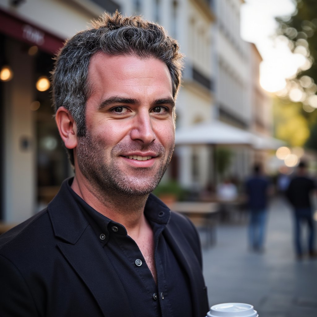 Frontal close-up portrait of a man in his late 20s, light stubble, tousled hair. Wearing a dark henley shirt. Warm golden hour sunlight illuminates one side of face. Background: blurred nature trail. Soft smile, hyperreal skin pores, fine beard detail, and eye reflections visible.