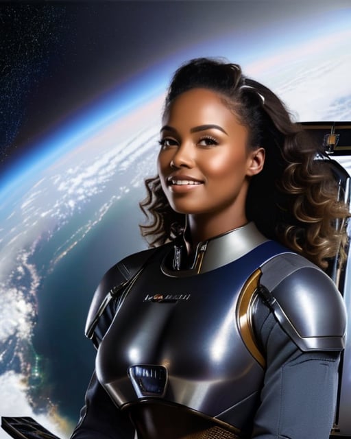 Female astronaut in spacecraft, reflective visor, starry surroundings.