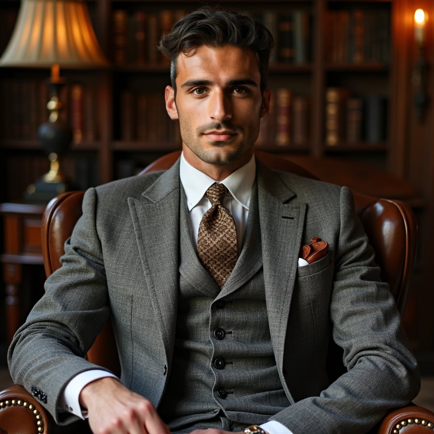 man with an air of sophistication. He is dressed in a tailored suit or a cashmere sweater over a collared shirt. The background is an elegant, softly lit library or a stately room with luxurious furnishings. His expression is confident yet understated, exuding refinement and prestige