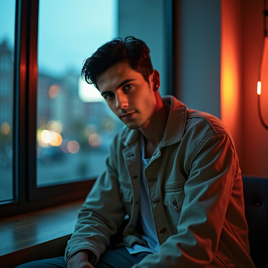 man that highlights his unique style and aesthetic. He is wearing a casual yet trendy outfit, with soft tones and dynamic lighting adding depth. The look should be expressive and appealing, reflecting individuality and approachability