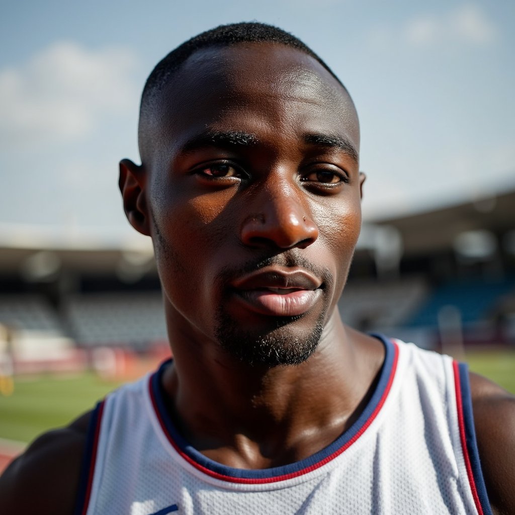 Headshot of a javelin thrower mid-focus before the throw, face calm but intense, sky and stadium in soft blur behind, athlete in national jersey