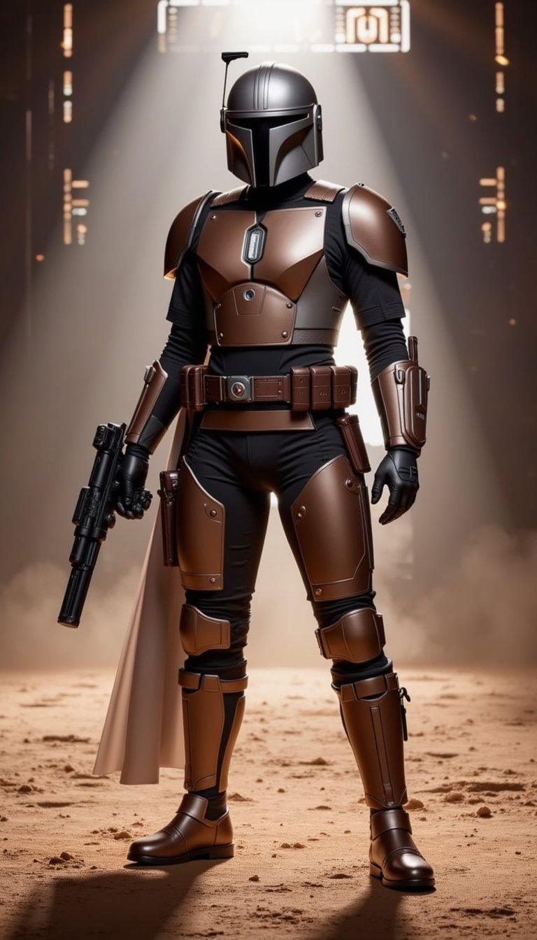 A futuristic bounty hunter in Mandalorian-style armor with helmet off, holding a blaster confidently, standing in a dimly lit spaceship hangar with sci-fi textures, sparks and dust in the air, desert hints of Tatooine in the background, heroic expression