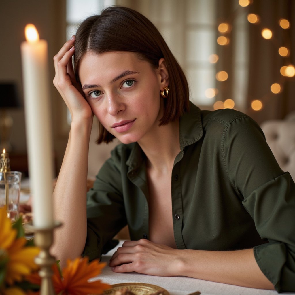 Highly realistic, highly detailed, hyperrealistic HDR close-up portrait of a woman (female, ~30 yrs) leaning slightly forward across a Thanksgiving dinner table. Camera positioned slightly lower (~−5°) to capture her soft gaze upward. She wears a dark green silk blouse, sleeves visible at edge of frame, and simple gold hoop earrings. Warm candlelight and soft ambient lighting merge across her skin creating smooth gradients. Background softly blurred — just the impression of autumnal centerpieces and bokeh from hanging bulbs. Visible reflections in her eyes and fine highlights in hair. Thanksgiving glow, soft warmth. HDR, high resolution, high quality, highly detailed, photorealistic.