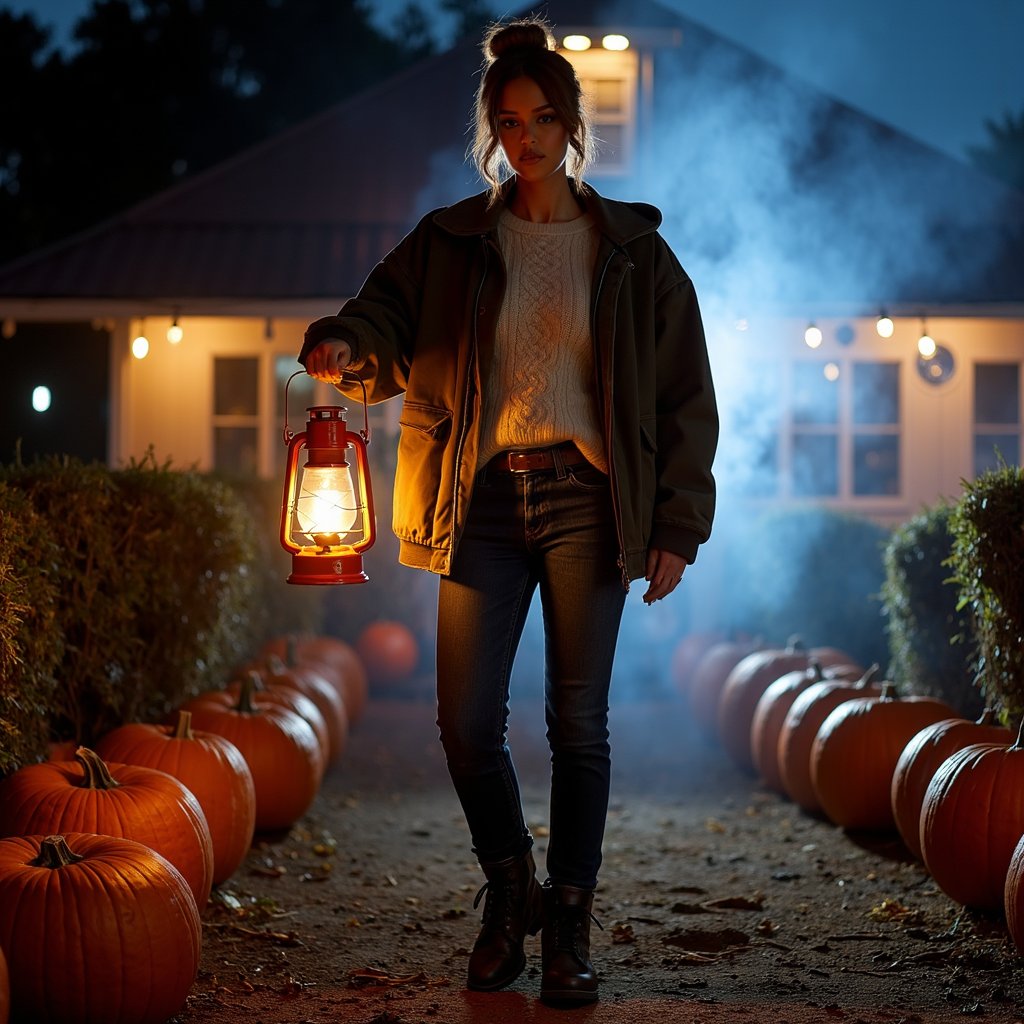 Full-body wide shot at waist height with a 35 mm lens, f/2.8, ISO 800, 1/125 s. Shot just after sunset, with the primary key being a warm kerosene lantern held in her left hand. The lantern’s light pools across her front, illuminating the oatmeal cable-knit sweater’s thick stitches and catching the sheen of her olive waxed-canvas jacket. Shadows fall naturally away from the lantern toward her right hip and down across the pumpkin rows, creating believable depth. Secondary blue ambient light from the open sky fills her hair — a loose auburn bun — and the edges of her jeans and lace-up leather boots. Focus is set so her entire body is sharp, while the far pumpkins and farmhouse silhouette behind are softly defocused. Her right foot is mid-step, the sole slightly lifted, with faint breath visible in the cool air. Highly detailed, highly realistic, HDR.
