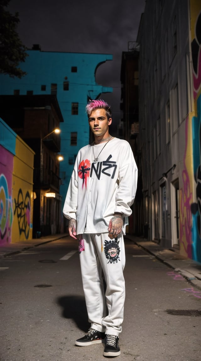 Handsome street punk, graffiti alley, detailed, hyper-realistic setting.