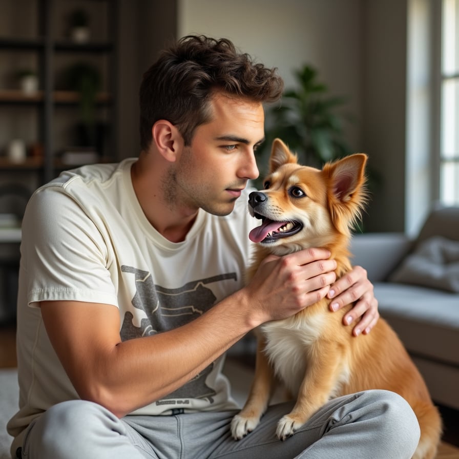 man in casual weekend attire, such as a graphic t-shirt and sweatpants, gently petting an adorable dog, with a warm and genuine smile on his face, under the soft and inviting natural light that filters through the windows of a cozy home setting, with subtle hints of comfortable furniture and decorative elements in the background.