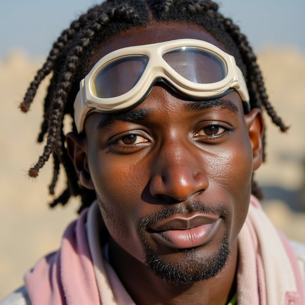 Stylized headshot of a free-spirited man with braided hair and body paint, minimalist goggles resting on forehead, soft desert tones, Burning Man 2025 energy