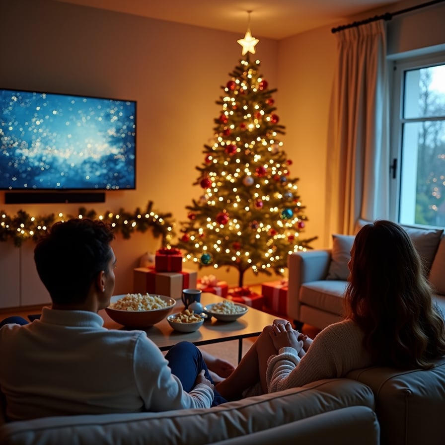 A dimly lit living room with family members curled up on a sofa and armchairs. The TV screen glows softly, popcorn bowls and snacks are arranged on a coffee table, and a Christmas tree’s lights reflect off a nearby window.