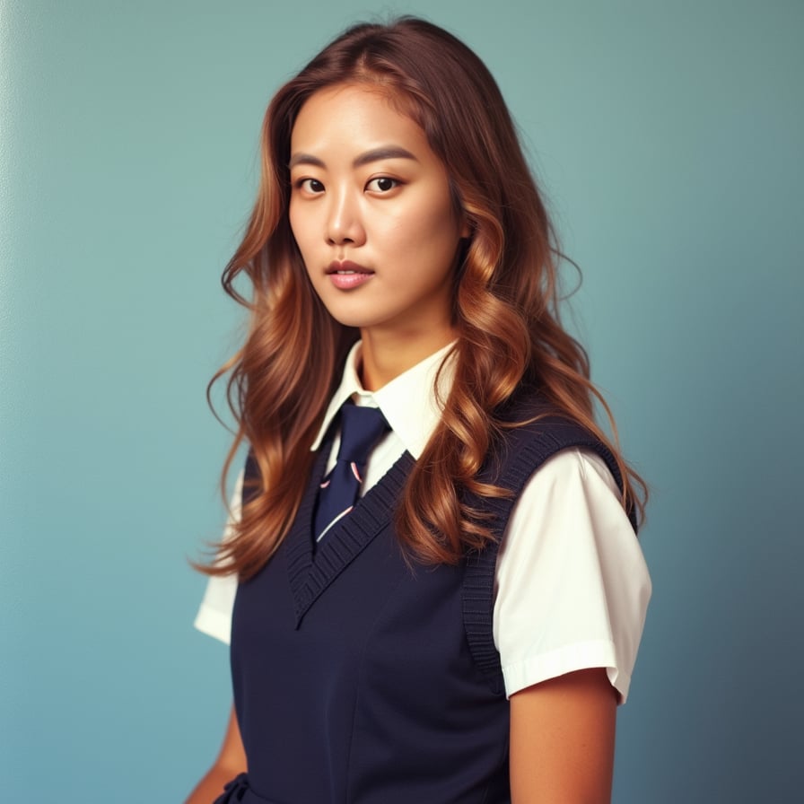 School dress, blue background, 1990s style, warm lighting.