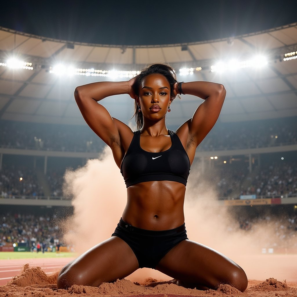 Knee-up portrait of a high jumper mid-celebration after a successful jump, arms raised, dust rising around feet, bright stadium lights in back