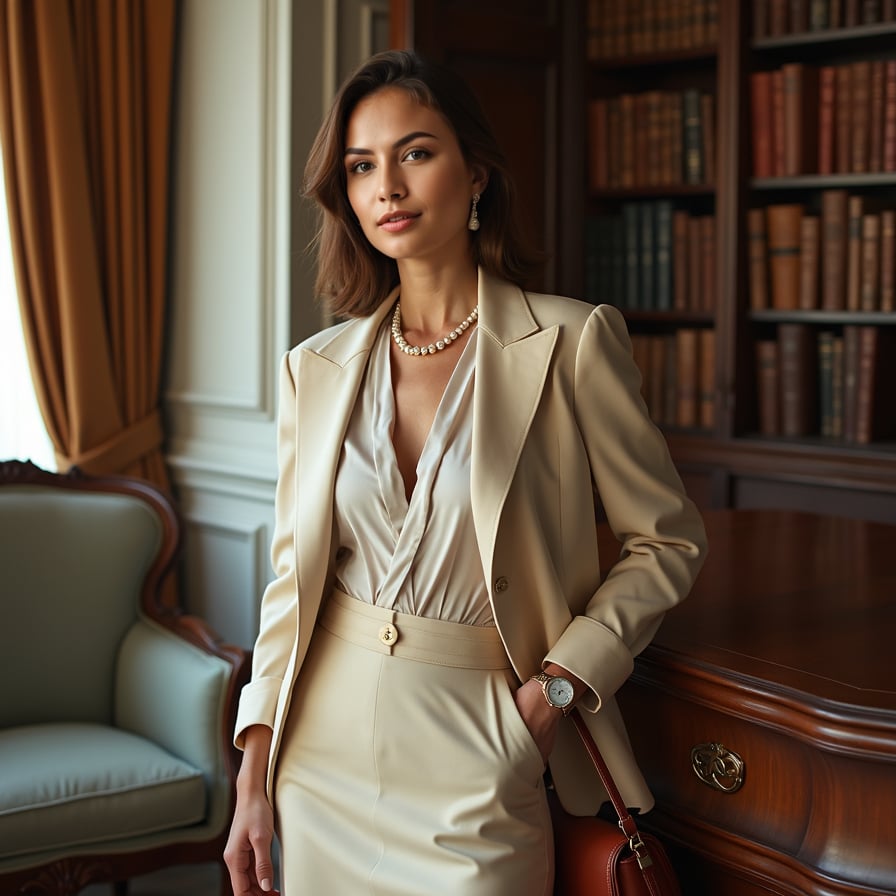 woman in a clean, modern setting. She is styled in a classic blouse or tailored outfit, with understated jewelry and natural makeup. The lighting is soft, with a warm glow that enhances her features and highlights her elegance