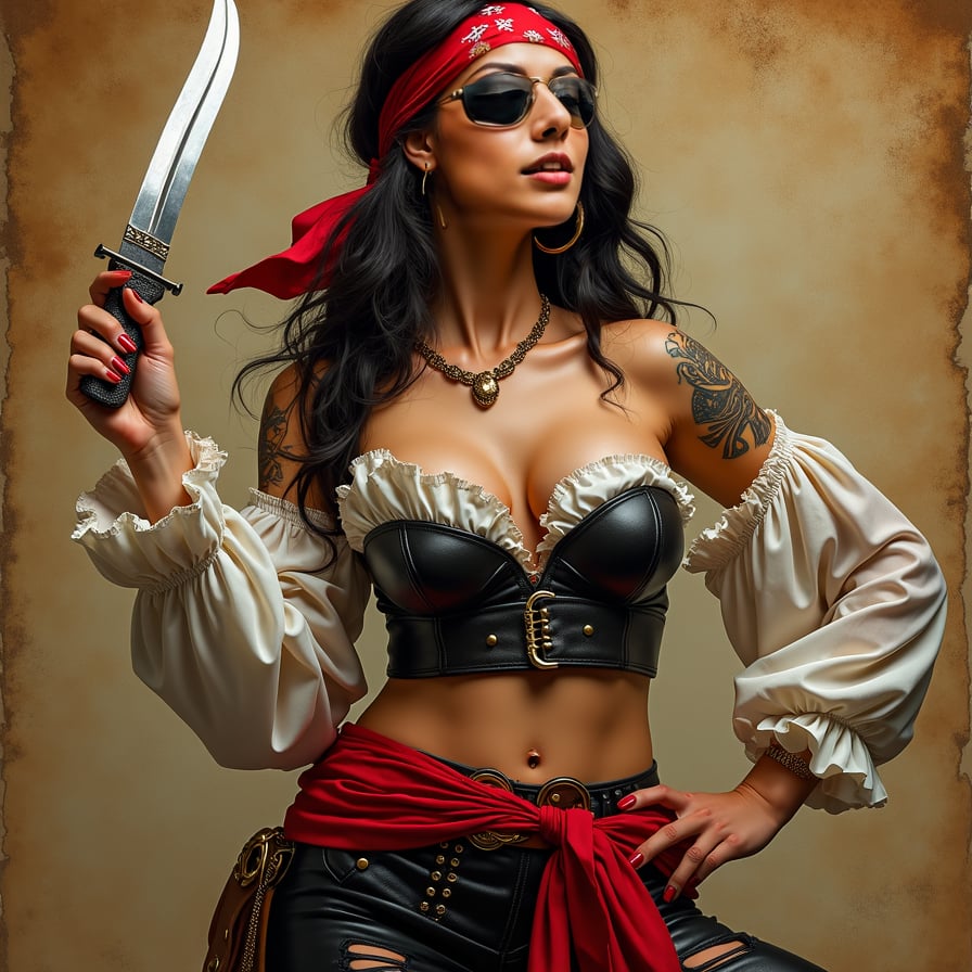 woman in bold, provocative pirate costume, fitted corset, flowing pirate pants, bandana, posing seductively with fake sword, treasure map in background, dramatic lighting, warm color tone, posing for poster