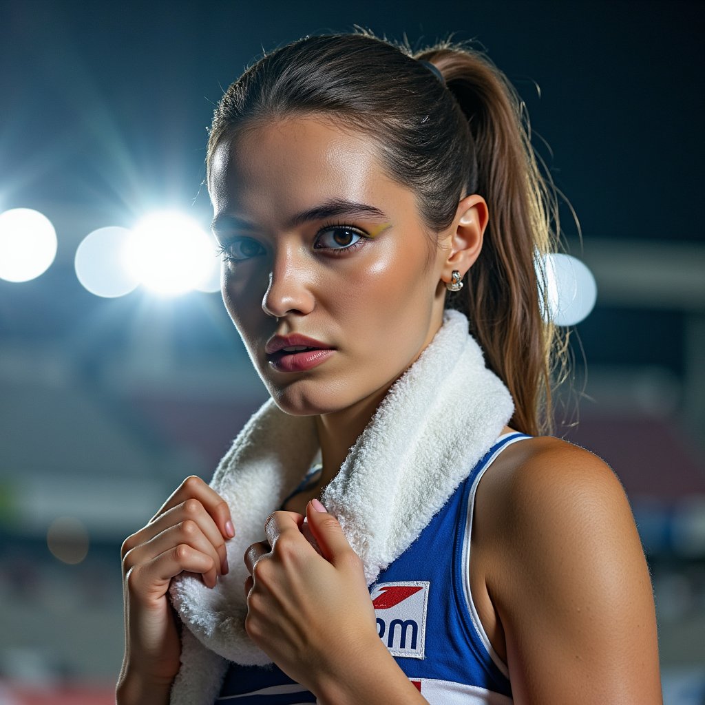 Headshot of a female sprinter post-race, breathing heavily with towel around neck, expression of fierce focus, subtle motion blur behind her