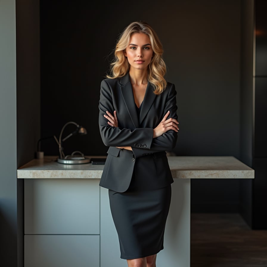 A confident woman wearing a tailored blazer and pencil skirt, standing in a sleek office setting. She is leaning slightly on a modern desk, arms crossed, gazing directly into the camera with a poised and authoritative expression