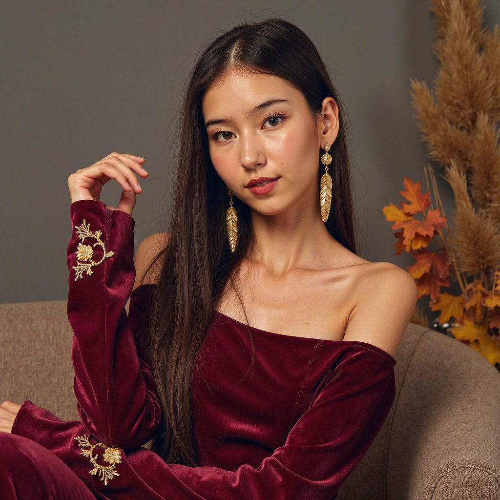 Highly detailed and highly realistic HDR image of a young Latina woman (female, ~30 yrs) captured waist-up in a studio environment. Camera angle slightly low (looking up ~5°) to emphasise confident pose. She wears a deep burgundy velvet dress with off-shoulder neckline and subtle gold embroidery on the cuffs, and long dangling gold leaf earrings. Her hair is jet-black, straight and sleek, parted in the middle, falling just past her shoulders. Studio lighting: three-point lighting setup — key light softbox front left, fill light soft and dim front right, hair light from above to create separation; background is solid charcoal-grey, minimal clutter, slightly faded vignette. Her pose: right hand gently resting on left upper arm, left arm relaxed; facial expression is warm with soft smile, dimples visible. Skin tones are rich and even, texture visible (pores, slight sheen on high cheekbones). The velvet dress fabric shows pile texture catching light, subtle folds across torso. The background is out-of-focus solid colour, no visible props. The image gives elegant celebration-ready Thanksgiving style.