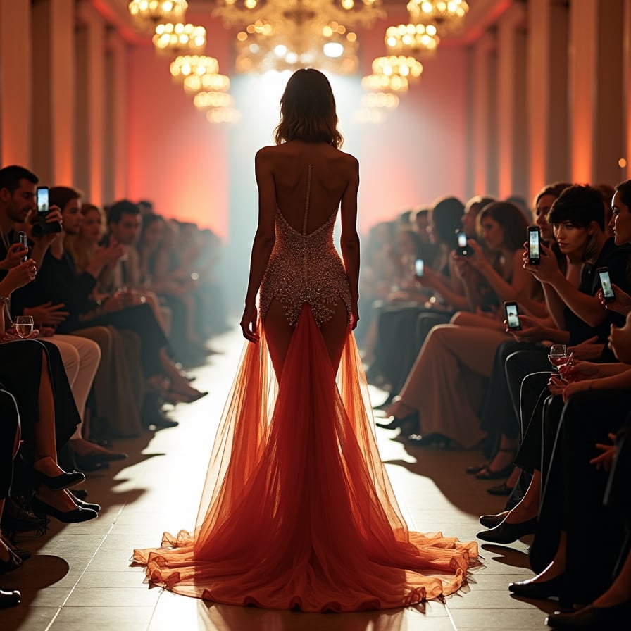 woman in a stunning, floor-sweeping evening gown, confidently strutting down a glamorous catwalk, surrounded by flashing cameras and a crowded audience, under the bright lights of a high-end fashion event.
