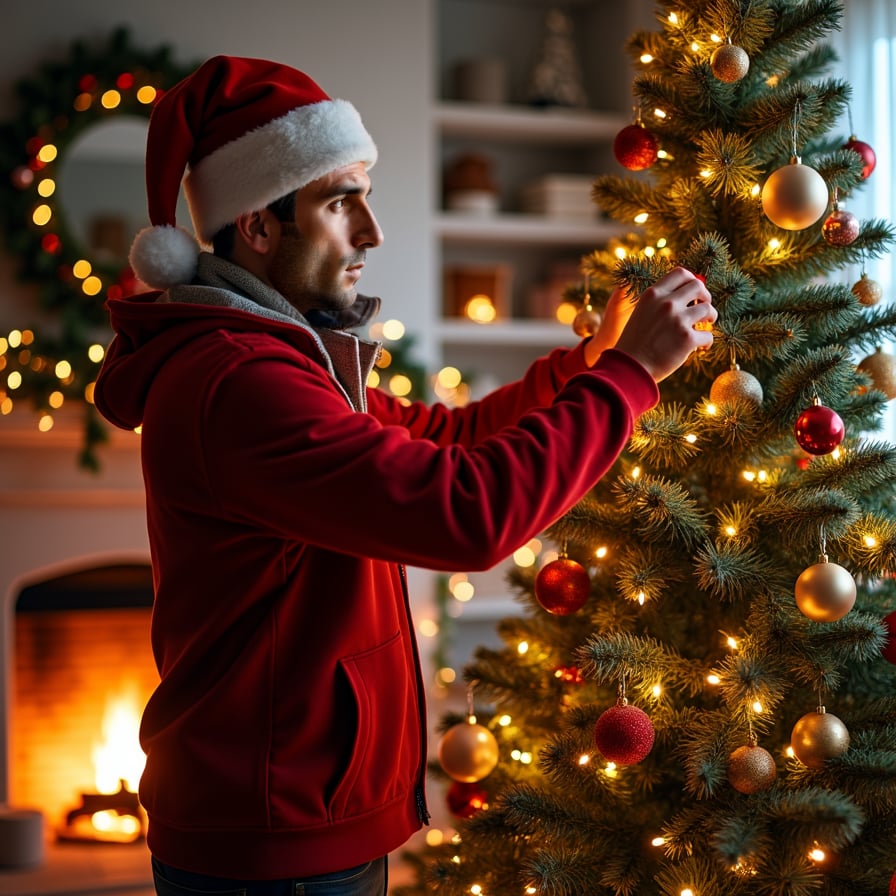 man in casual winter attire, festively decorating a Christmas tree with colorful ornaments and twinkling lights, against a cozy living room backdrop with a crackling fireplace and warm holiday atmosphere.