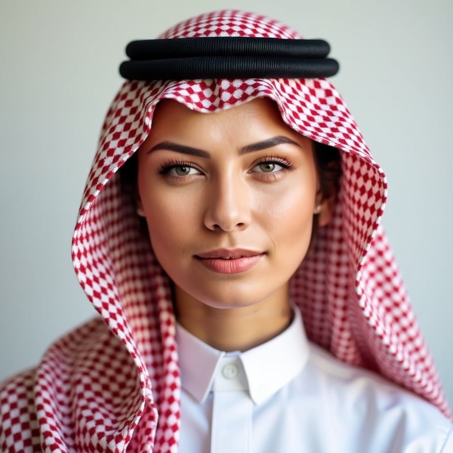 A passport-size photo of a person wearing a traditional thobe and keffiyeh, adhering to cultural norms. The background is plain and light-colored, with balanced lighting and no shadows. The individual is centered and has a neutral expression