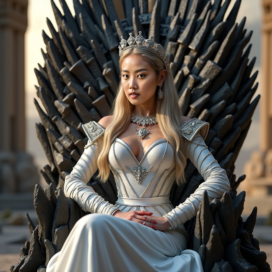 woman sitting regally in the iconic Iron Throne from Game of Thrones, adorned in a luxurious, intricately designed gown, with a powerful and authoritative expression, surrounded by a dark, mysterious background with subtle hints of fire and shadow.