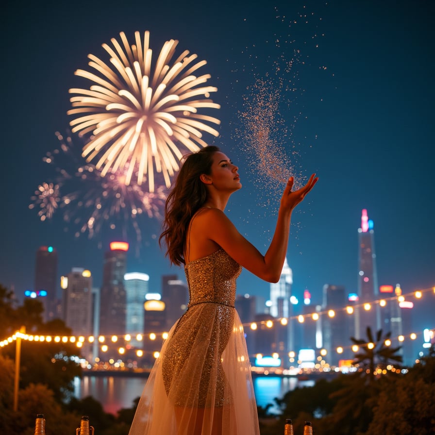 A woman stands under a starry night sky, her face glowing with joy as she releases a handful of glitter into the air. She wears a flowing silver gown that sparkles in the moonlight, surrounded by fairy lights strung across the outdoor setting. Fireworks burst in the sky above her, marking the arrival of midnight.