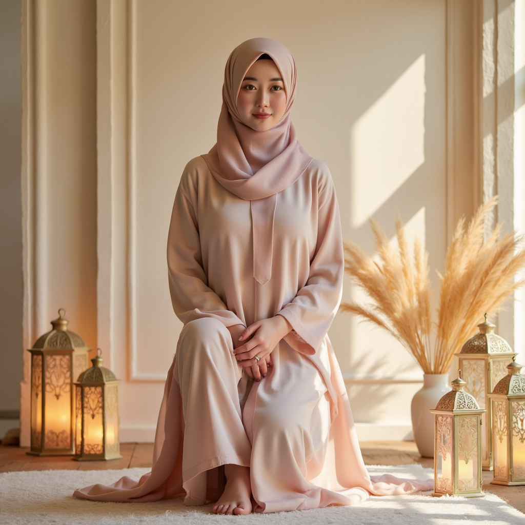 Knee-up portrait of a woman in a flowing abaya with soft pastel hues, subtle smi