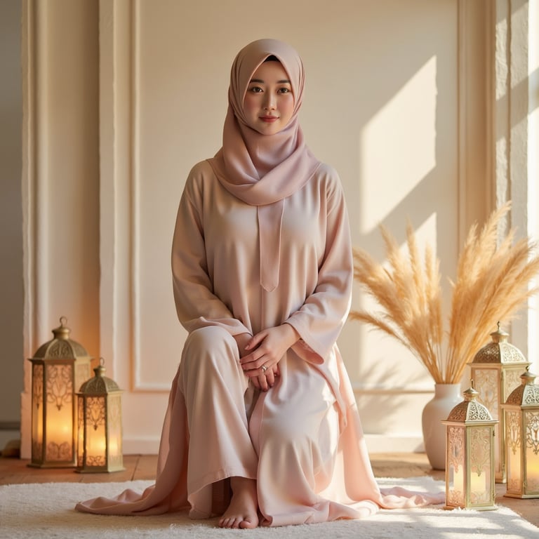 Knee-up portrait of a woman in a flowing abaya with soft pastel hues, subtle smi