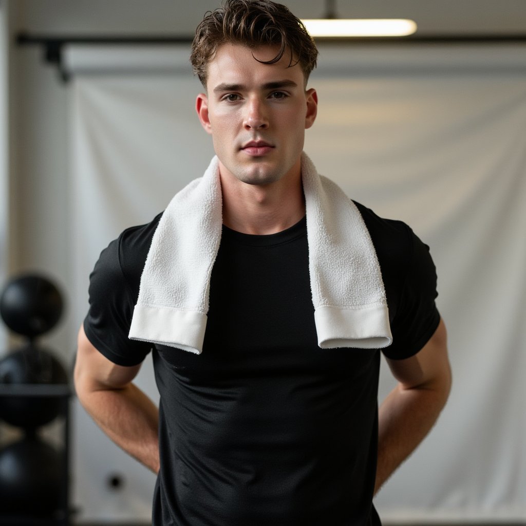 Man, athletic build, head-and-shoulders studio portrait with a towel draped around neck ends resting loosely on chest (hands relaxed down out of frame); neat short haircut, clean stubble, confident neutral expression; moisture-wicking black tee with fine micro-mesh paneling; high-key white seamless background; camera at eye level, 105mm, f/5.6, 1/160, ISO 100; clamshell lighting (large softbox above, reflector below) with subtle kicker from camera right to define jawline; ultra-clean background with no clutter; micro-contrast revealing skin texture, towel terry loops, and fabric weave; highly detailed, highly realistic, HDR, no text or watermark