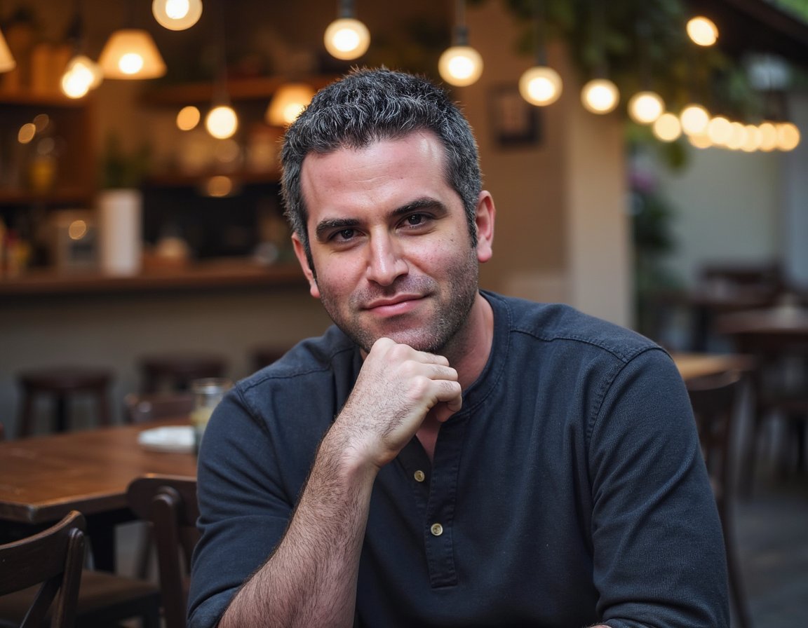 man in a charcoal grey henley shirt, seated at a rustic, dimly-lit street bar. His chin is resting lightly on his hand, and he gazes thoughtfully towards the viewer. Warm, string lights are softly blurred in the background, creating a cozy ambiance under golden hour lighting that bathes his temporary hair styling in warm tones.