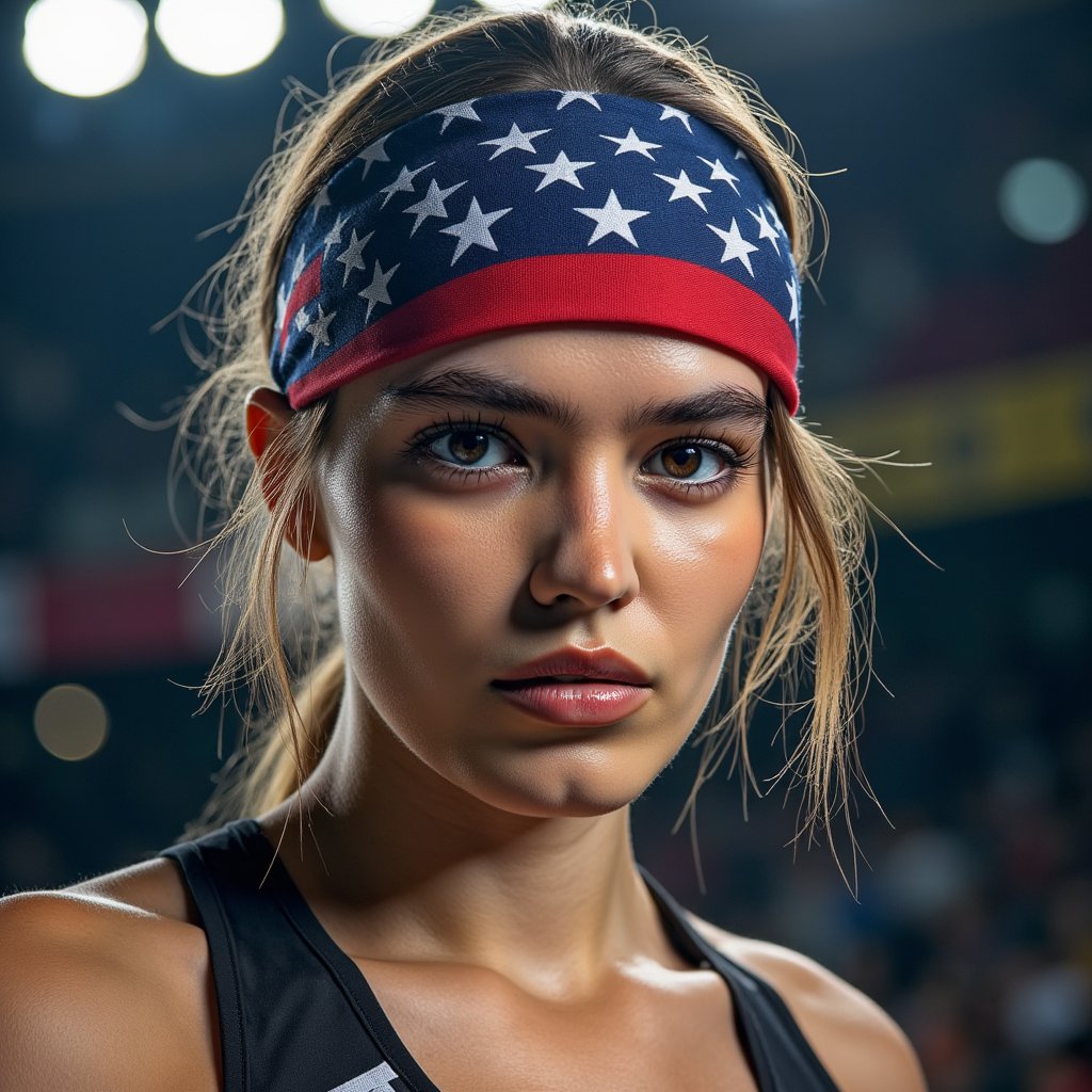 Close-up headshot of a determined athlete wearing a national flag bandana, sharp jawline and intense eyes, dark background with rim light outlining face