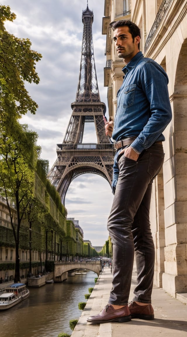 Stylish man, romantic Paris glow, soft-focus cityscape.