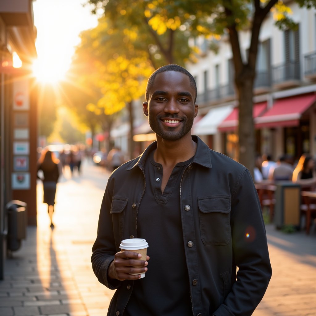 man wearing a dark henley shirt, captured in a frontal close-up portrait. Warm golden hour sunlight delicately illuminates one side of his face, highlighting hyperreal skin pores and fine beard detail. A soft smile plays on his lips, with subtle reflections visible in his eyes. The background is a gently blurred nature trail, creating a serene, natural ambiance.