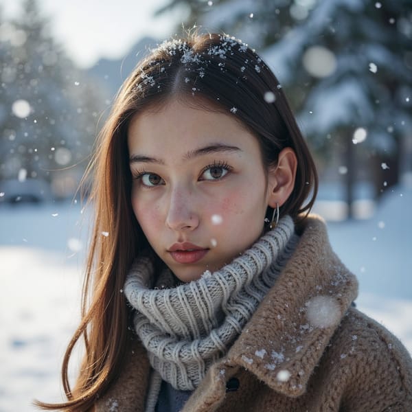 “female portrait, ultra-detailed close-up shot outdoors during active snowfall, camera positioned at eye level with an extremely shallow depth-of-field. A powerful cold-white backlight behind her creates a glowing snow halo around the outline of her head, illuminating individual snowflakes suspended in her hair.
Her hair is long, loosely curled, slightly damp from melting snow; each strand catches micro highlights, and a few clumps have frost crystallization at the tips.
She wears a thick woolen coat with coarse fiber texture, small frost clusters accumulating on the shoulders. A knitted scarf wrapped once around her neck shows detailed yarn patterns with subtle color variations.
Her skin shows natural pores and slight redness on the cheeks from cold exposure; soft vapor escapes her mouth with each breath.
Background disappears into a curtain of heavily blurred snow illuminated by the backlight, creating layered depth with no clutter.
Highly realistic, hyper-detailed, HDR, cinematic contrast, sharp facial plane with dramatic glowing halo forming behind her silhouette.”